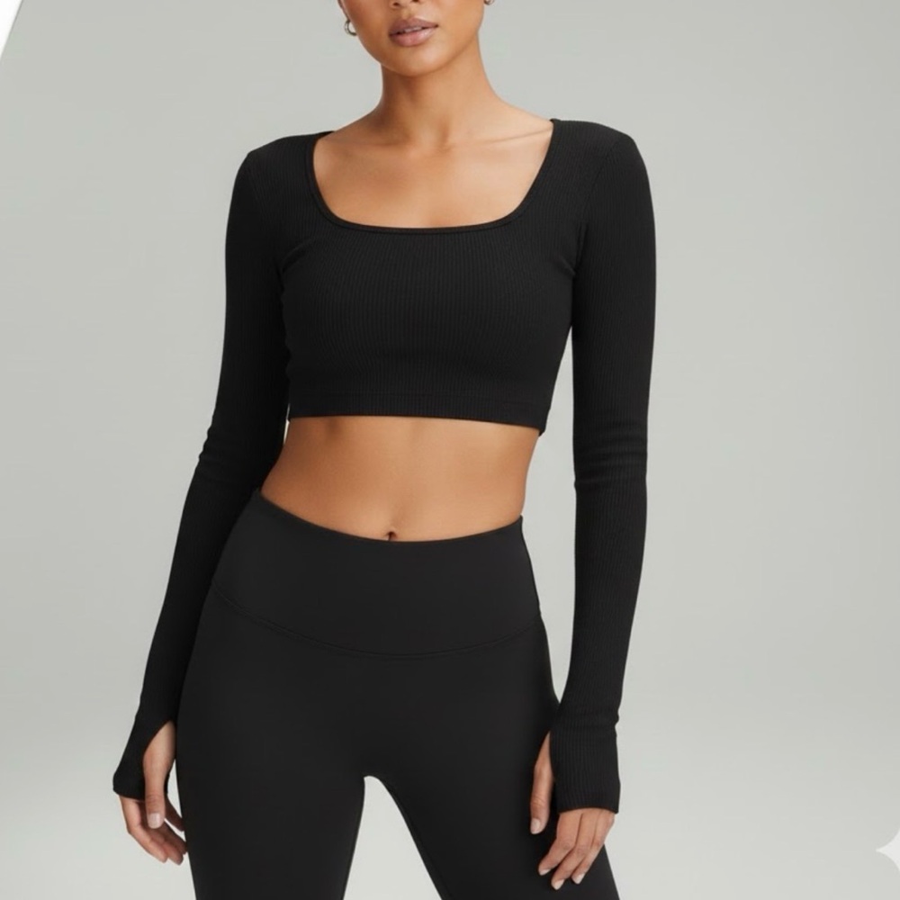 Black Ribbed Square Neck Long Sleeve Crop Top Thumbholes Seamless Athletic S/M